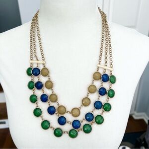 Triple strand green, blue, and yellow bib statement necklace on gold tone chain